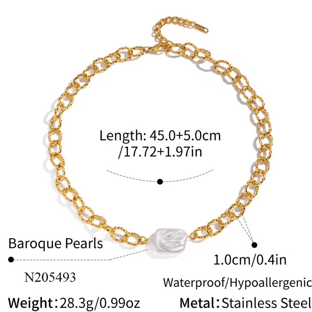 Gold Chain Necklace with White Baroque Pearl Pendant - Picture 3 of 3